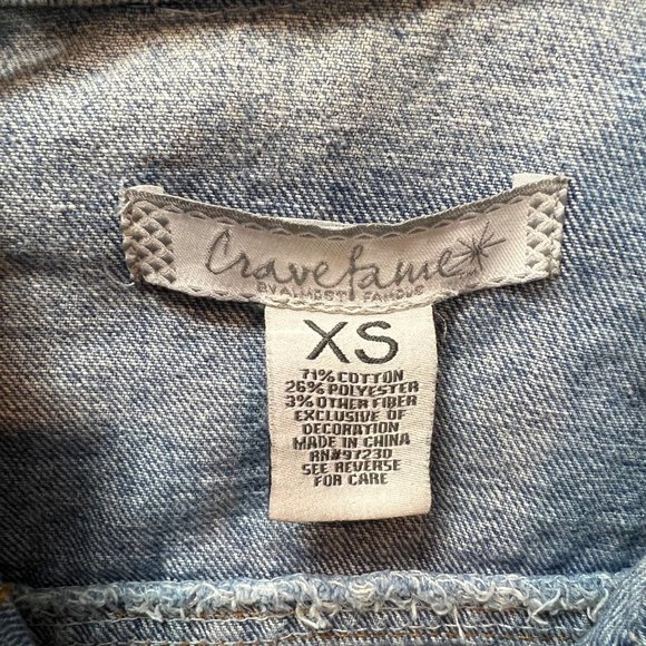 Crave Fame Crop Denim Jacket Womens XS Blue Medium Wash Long Sleeve Distressed B - Picture 10 of 11
